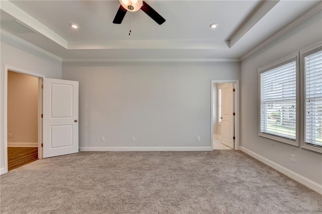 6270 Bracken Brown Dr, Alpharetta, GA 30004 - carpeted empty room featuring a tray ceiling, a ceiling fan, crown molding, and recessed lighting