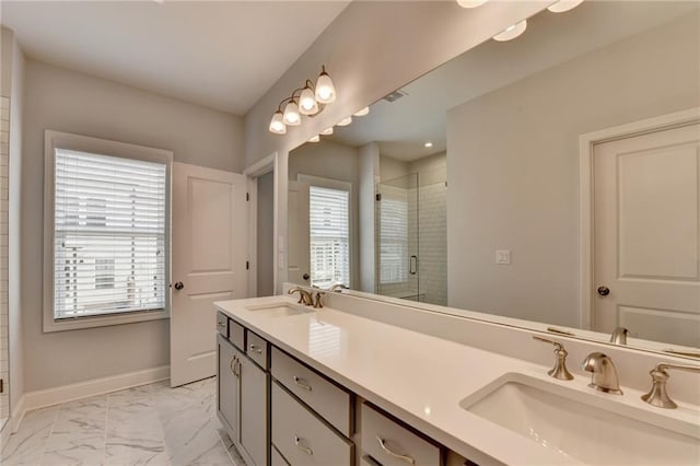 6270 Bracken Brown Dr, Alpharetta, GA 30004 - bathroom featuring double vanity, a stall shower, and marble look tiles