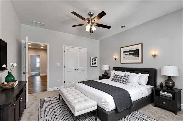 6270 Bracken Brown Dr, Alpharetta, GA 30004 - bedroom featuring light carpet, a closet, and a ceiling fan