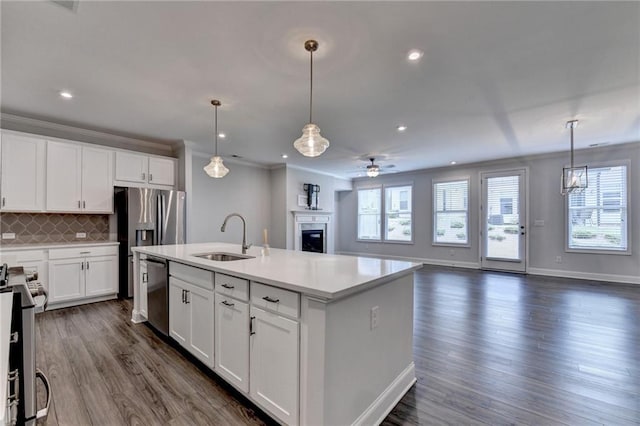 6270 Bracken Brown Dr, Alpharetta, GA 30004 - kitchen featuring stainless steel appliances, ceiling fan, open floor plan, tasteful backsplash, and a fireplace
