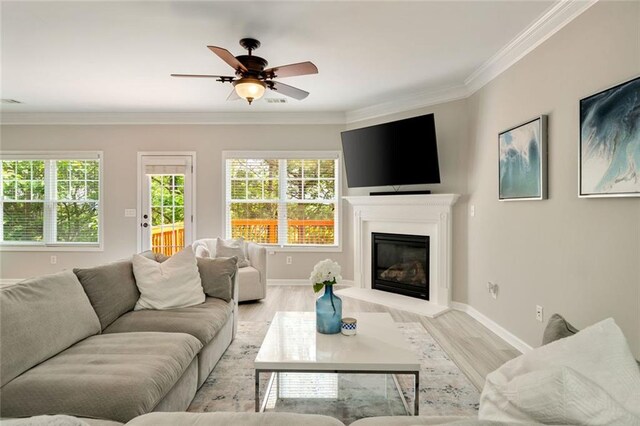 living area featuring baseboards, a ceiling fan, light wood-style flooring, and ornamental molding