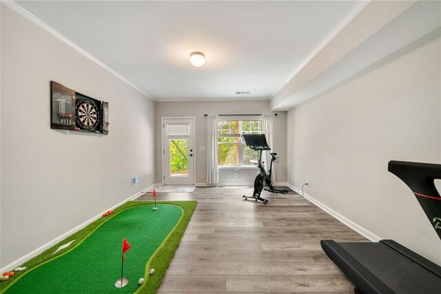 workout area featuring baseboards, ornamental molding, and wood finished floors