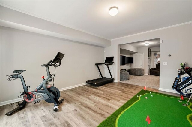 workout room featuring crown molding, baseboards, and wood finished floors