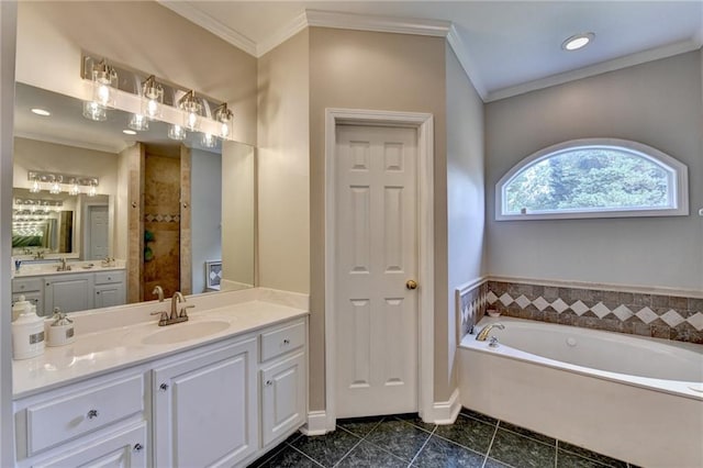 1901 Paper Birch Cv, Grayson, GA 30017 - bathroom featuring a garden tub, vanity, tile patterned floors, crown molding, and baseboards