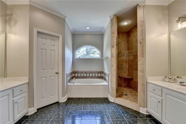 1901 Paper Birch Cv, Grayson, GA 30017 - full bathroom featuring ornamental molding, a garden tub, a shower stall, two vanities, and tile patterned flooring