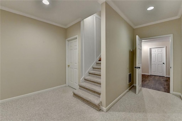 1901 Paper Birch Cv, Grayson, GA 30017 - staircase featuring carpet, ornamental molding, baseboards, and recessed lighting