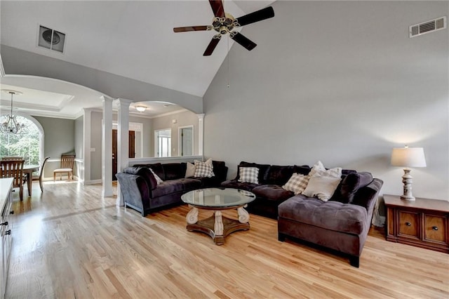 1901 Paper Birch Cv, Grayson, GA 30017 - living area featuring ornate columns, ceiling fan, arched walkways, ornamental molding, and light wood-type flooring