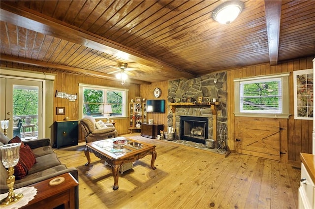 living room featuring beam ceiling, a fireplace, wooden walls, wood ceiling, and hardwood / wood-style flooring