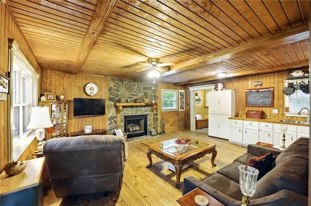 living room with wooden walls, wooden ceiling, beam ceiling, and plenty of natural light