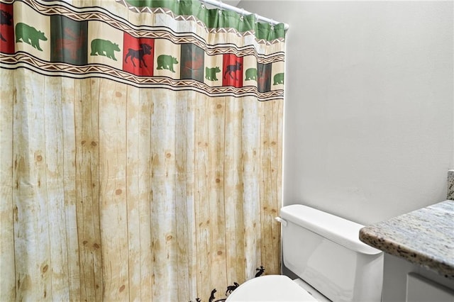 bathroom featuring toilet, a shower with curtain, and vanity