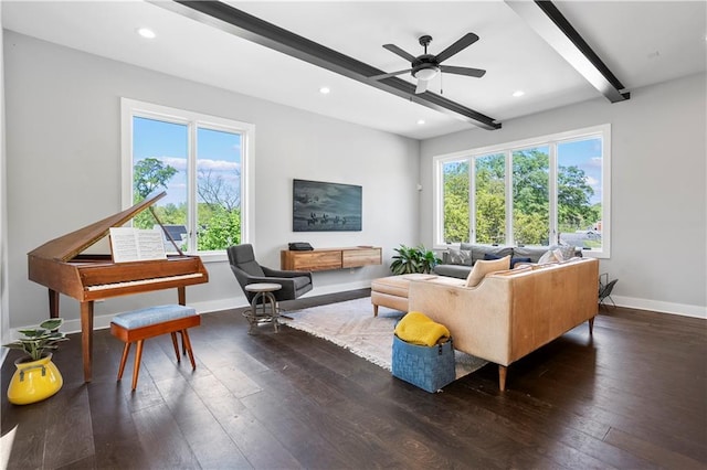 1331 Iverson St NE Unit A, Atlanta, GA 30307 - living room with beamed ceiling, hardwood / wood-style flooring, baseboards, plenty of natural light, and recessed lighting
