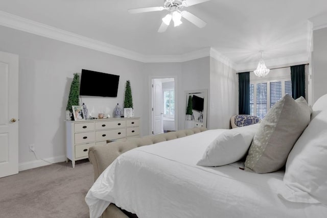 bedroom with light carpet, baseboards, crown molding, and ceiling fan with notable chandelier