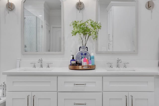 bathroom featuring double vanity, a stall shower, and a sink