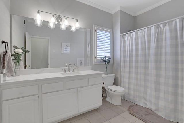 full bath featuring curtained shower, tile patterned flooring, toilet, vanity, and crown molding