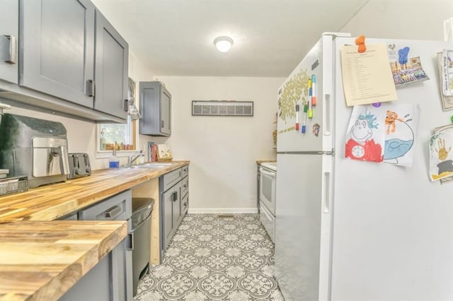 111 Sylvan Dr, Calhoun, GA 30701 - kitchen featuring wood counters, white appliances, baseboards, gray cabinets, and a sink