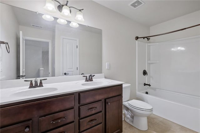 bathroom featuring toilet, double vanity, a sink, and visible vents