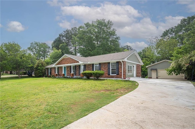 single story home featuring an outbuilding, brick siding, a detached garage, a front lawn, and a porch