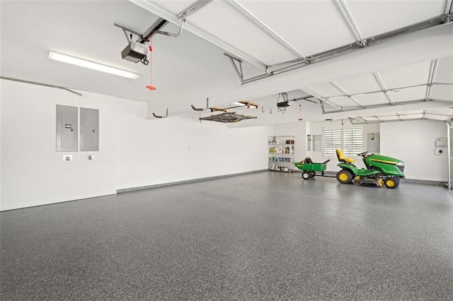 garage with electric panel and a garage door opener