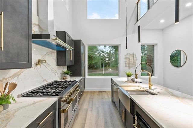 kitchen with light stone counters, light hardwood / wood-style flooring, ventilation hood, double oven range, and decorative backsplash