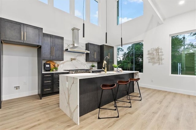 kitchen featuring backsplash, light hardwood / wood-style flooring, a kitchen island with sink, and wall chimney range hood