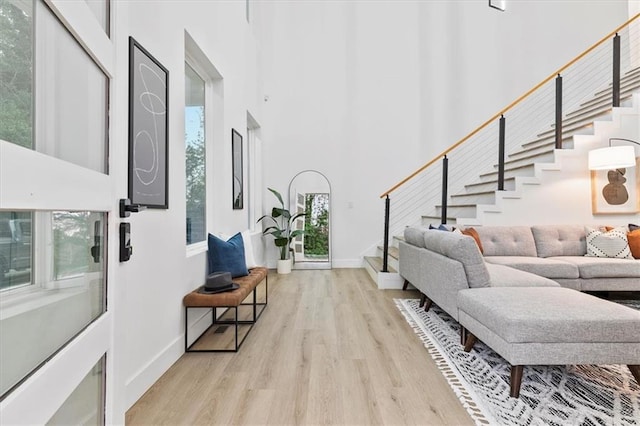 foyer entrance with a wealth of natural light, a towering ceiling, and light hardwood / wood-style floors