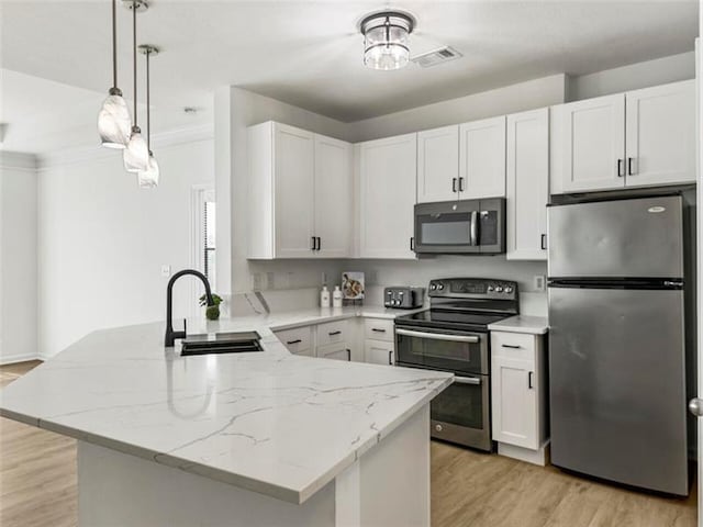 kitchen with kitchen peninsula, white cabinetry, sink, and appliances with stainless steel finishes