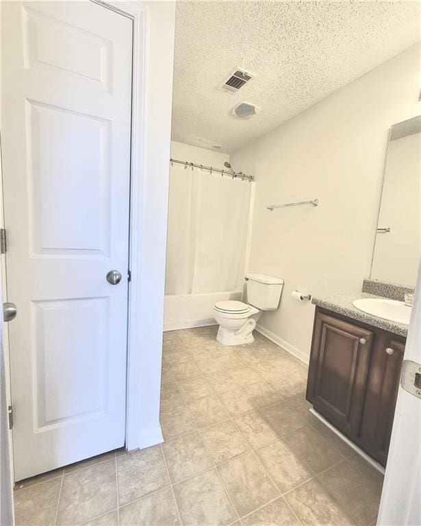 full bath with a textured ceiling, toilet, vanity, visible vents, and shower / bath combination with curtain