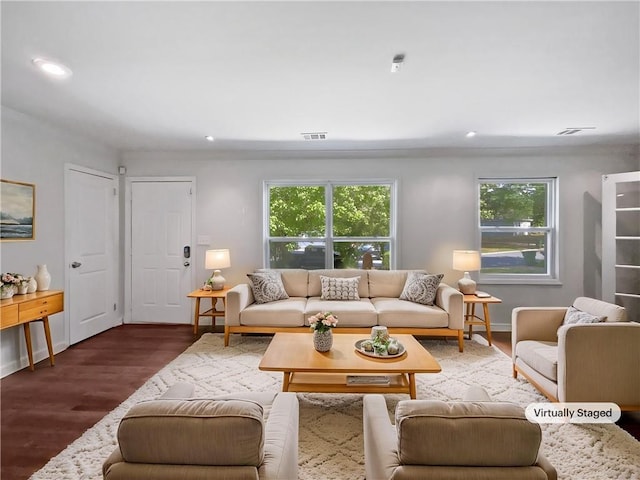 2122 Belhaven Ln SE, Atlanta, GA 30315 - living area with a healthy amount of sunlight, recessed lighting, wood finished floors, and visible vents