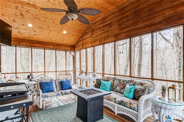 sunroom / solarium with ceiling fan, lofted ceiling, and wood ceiling