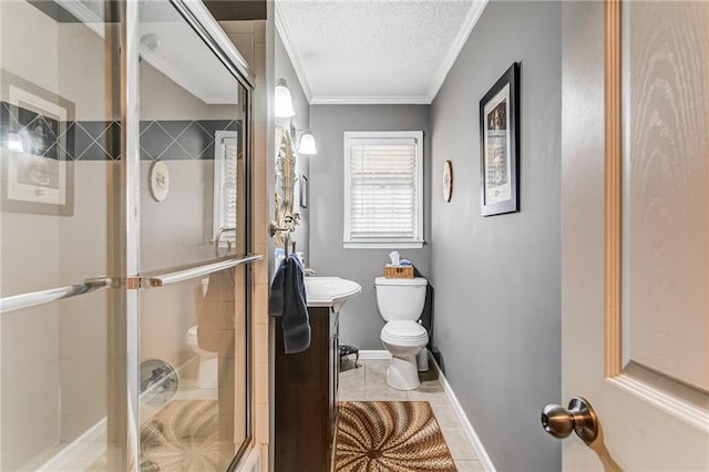 bathroom featuring an enclosed shower, tile flooring, a textured ceiling, toilet, and crown molding