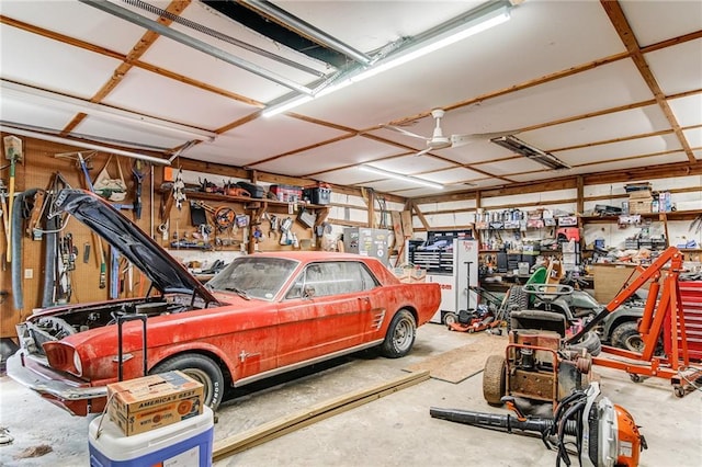 garage with a workshop area