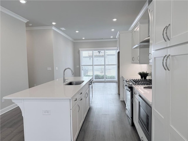 kitchen featuring extractor fan, wood finished floors, a sink, and appliances with stainless steel finishes