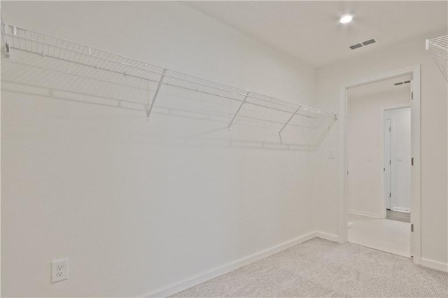 spacious closet featuring light colored carpet