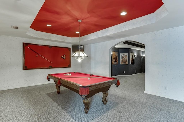 game room featuring a raised ceiling, carpet floors, and billiards