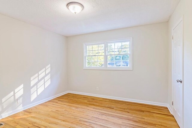 empty room featuring a textured ceiling and light wood-type flooring