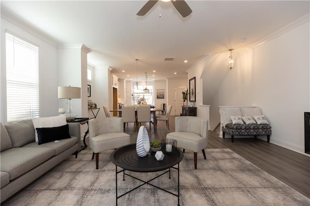 506 Healy Dr Unit 74, Cumming, GA 30040 - living area featuring ceiling fan, ornamental molding, wood finished floors, recessed lighting, and baseboards
