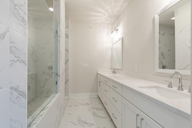 506 Healy Dr Unit 74, Cumming, GA 30040 - full bathroom with marble finish flooring, double vanity, a marble finish shower, and baseboards
