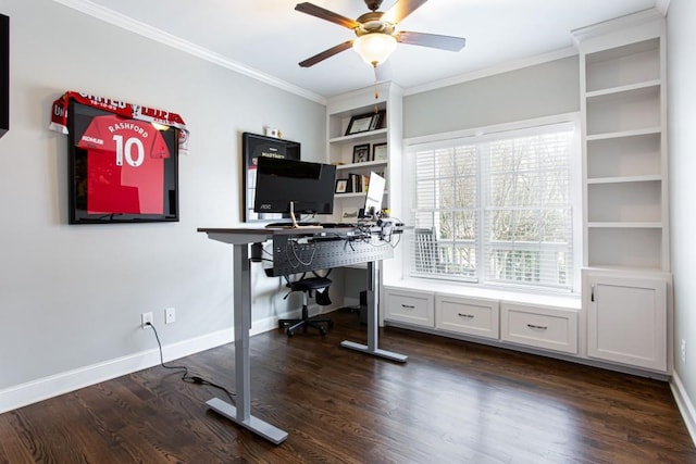 home office featuring dark wood-style floors, ceiling fan, baseboards, and crown molding