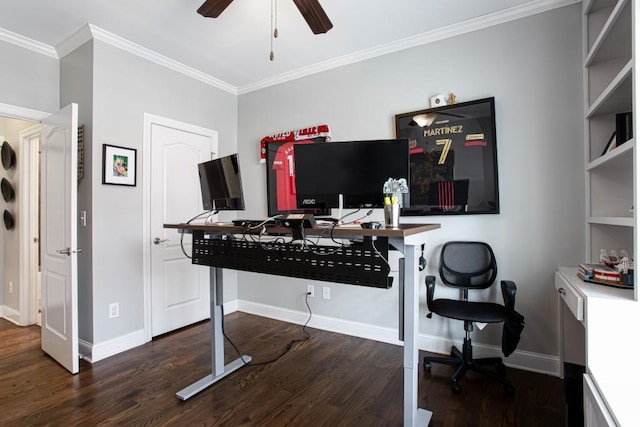 office area with a ceiling fan, crown molding, baseboards, and wood finished floors