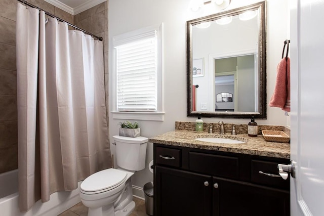 bathroom with shower / tub combo, tile patterned flooring, vanity, and toilet