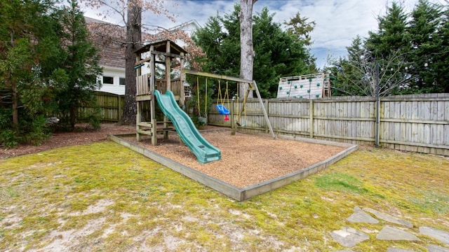 view of jungle gym featuring a fenced backyard and a yard