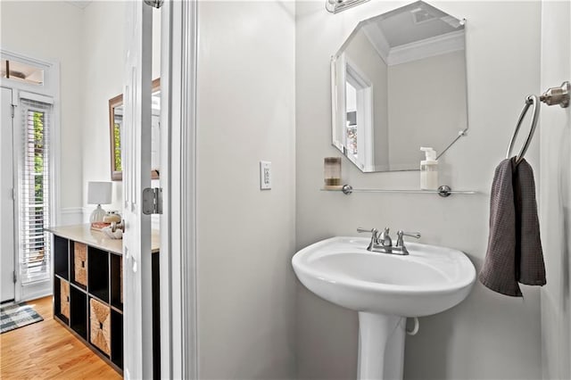 bathroom with wood finished floors and ornamental molding