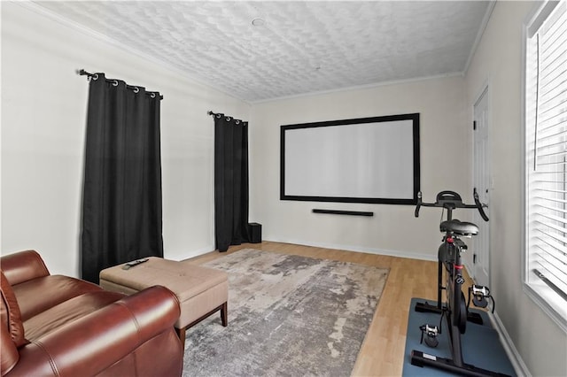 home theater featuring wood finished floors and ornamental molding