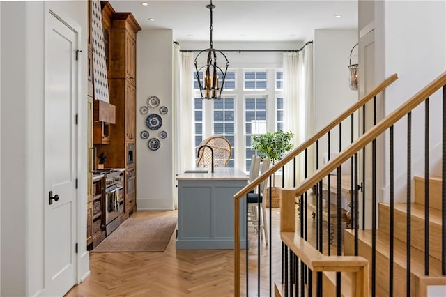 11277 Serenbe Ln, Chattahoochee Hills, GA 30268 - interior space featuring a chandelier, recessed lighting, stairs, and baseboards
