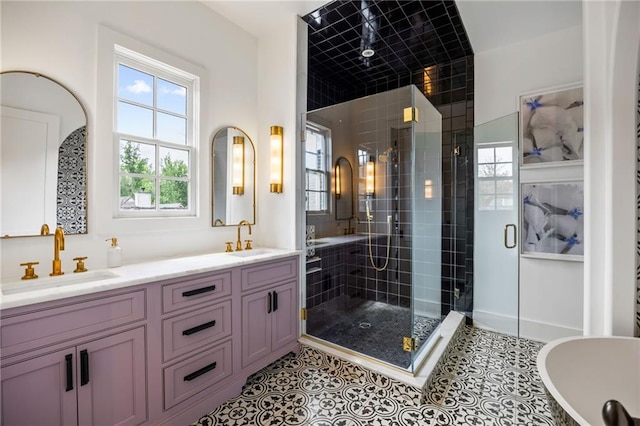 11277 Serenbe Ln, Chattahoochee Hills, GA 30268 - full bathroom featuring a stall shower, double vanity, a freestanding tub, and tile patterned floors