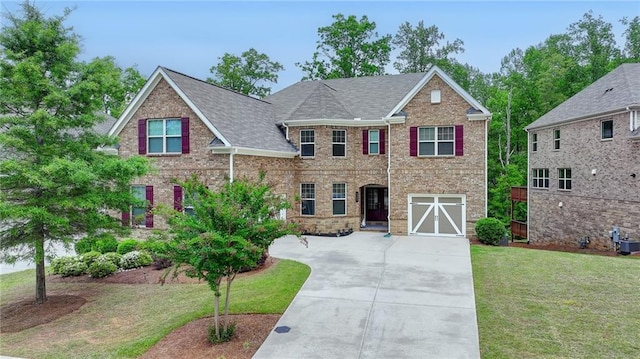 view of front facade with a front lawn, roof with shingles, brick siding, concrete driveway, and an attached garage