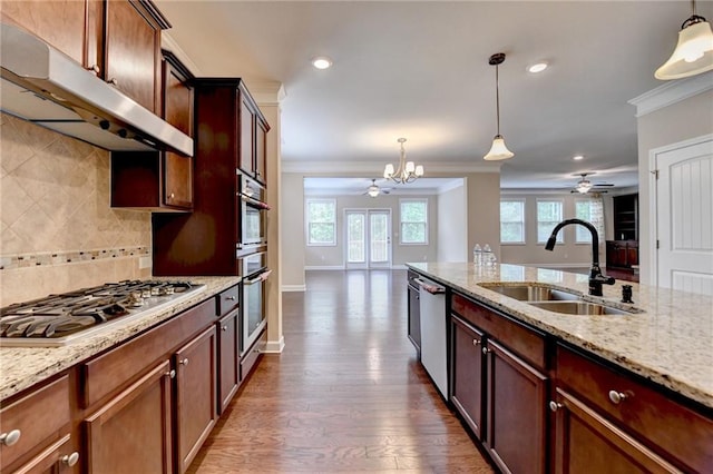 kitchen featuring under cabinet range hood, appliances with stainless steel finishes, a sink, and ceiling fan with notable chandelier