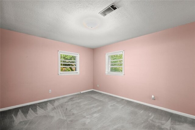 carpeted empty room with a textured ceiling