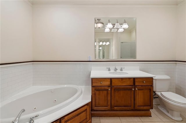 full bathroom featuring tile walls, vanity, toilet, crown molding, and tile patterned floors