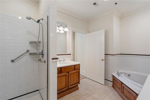 bathroom featuring vanity, crown molding, tile patterned floors, and shower with separate bathtub